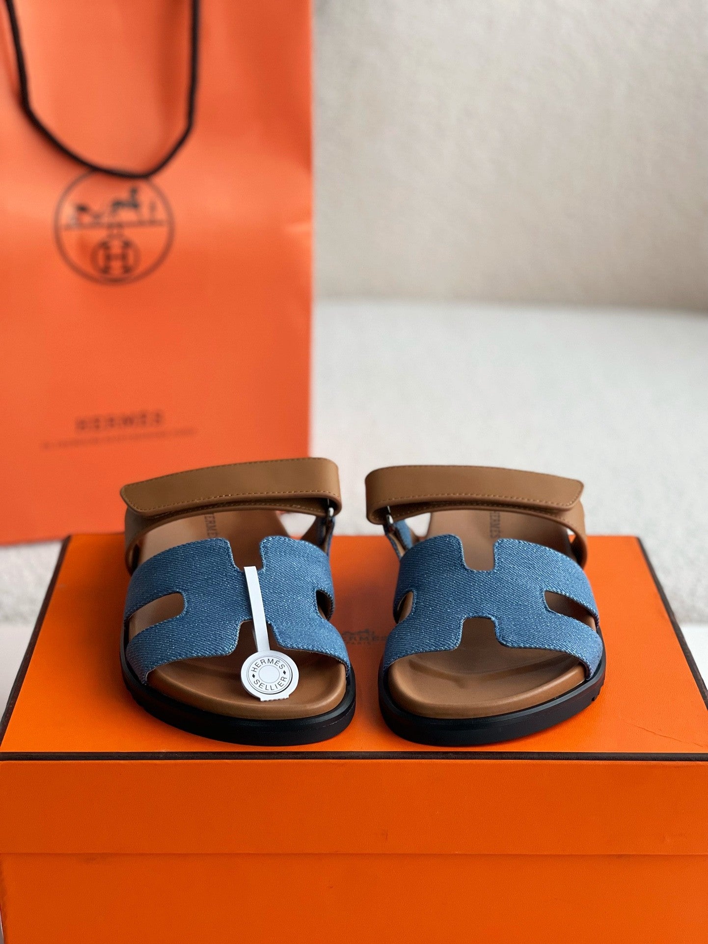 Hermès Women's Denim and Tan Leather Chypre Sandals – HolloShoe