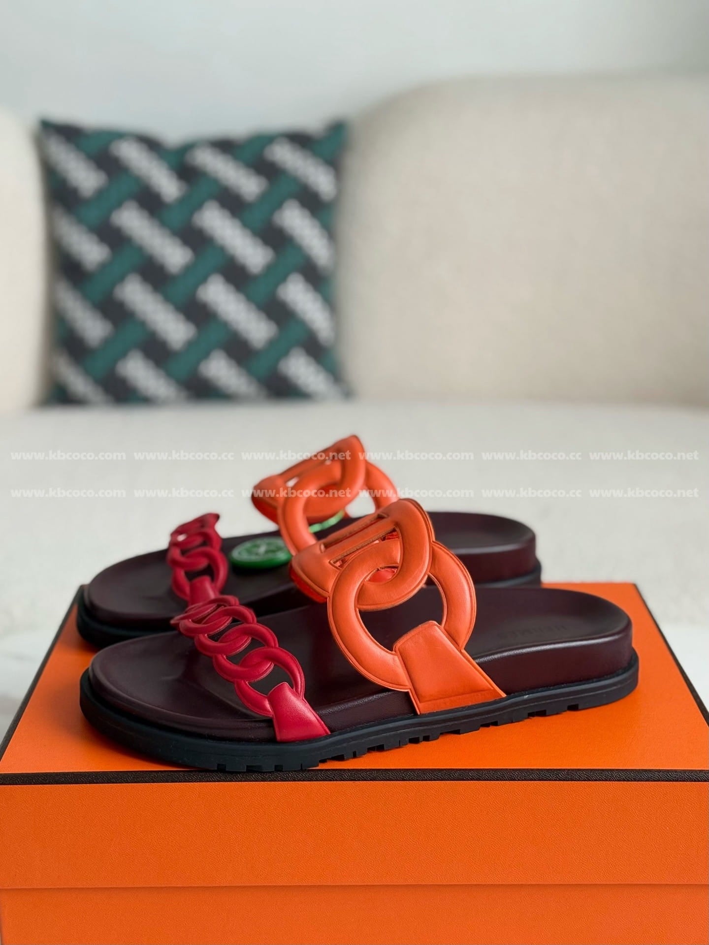 Hermès Women's Extra Sandals - Orange and Pink Chaine d'Ancre Leather Slides