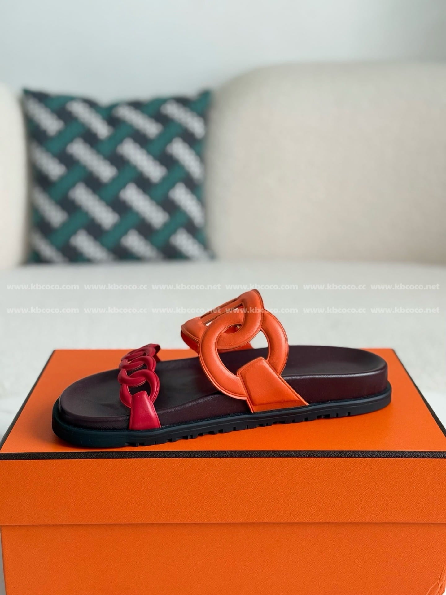 Hermès Women's Extra Sandals - Orange and Pink Chaine d'Ancre Leather Slides