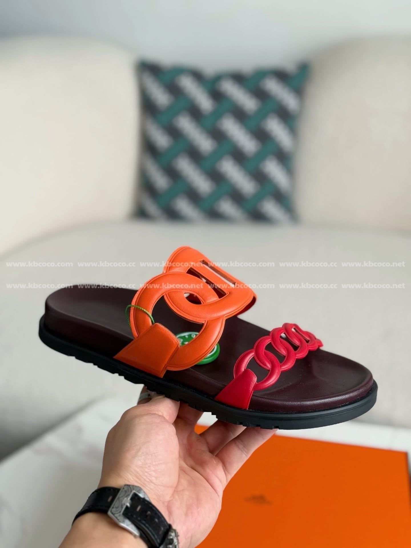 Hermès Women's Extra Sandals - Orange and Pink Chaine d'Ancre Leather Slides