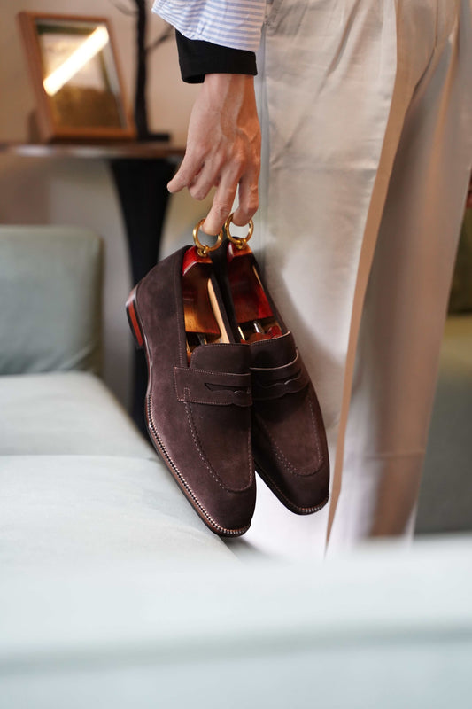 HolloShoe Hand-Made Dark Brown Suede Penny Loafers