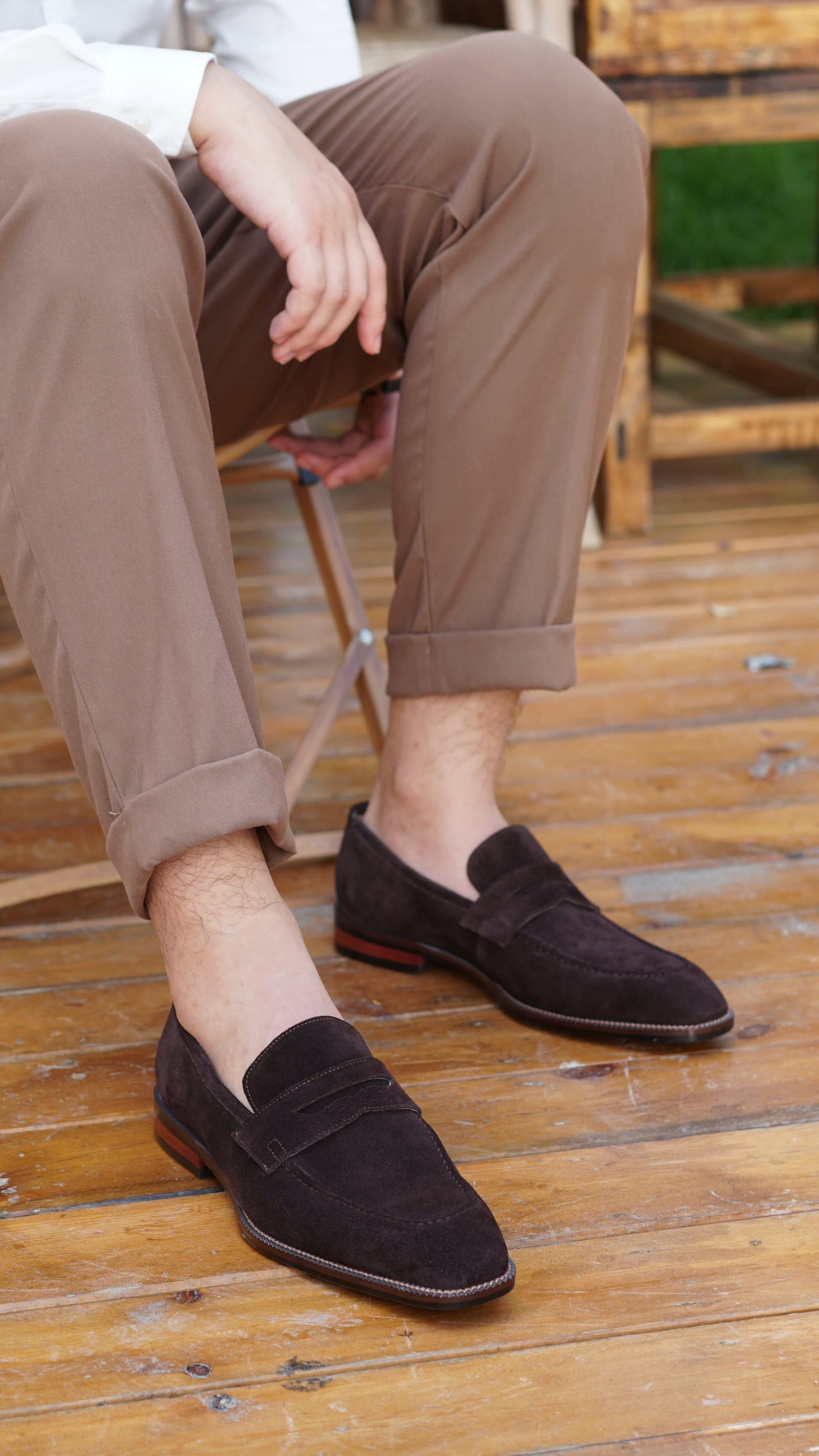 HolloShoe Hand-Made Dark Brown Suede Penny Loafers