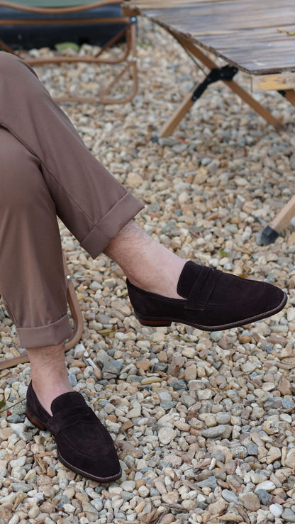 HolloShoe Hand-Made Dark Brown Suede Penny Loafers