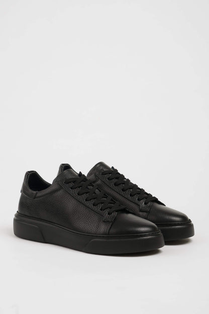 All Black Grained Leather Sneakers for Minimalist Style – pair on white background, showcasing rich black leather and sleek silhouette.