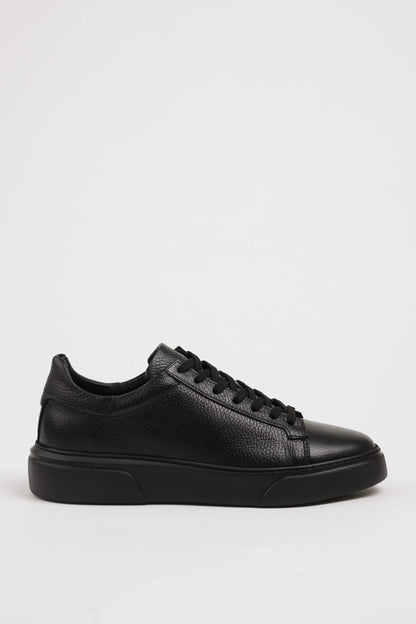 All Black Grained Leather Sneaker for Minimalist Style – side view on white background, showcasing rich black leather and all-black sole.