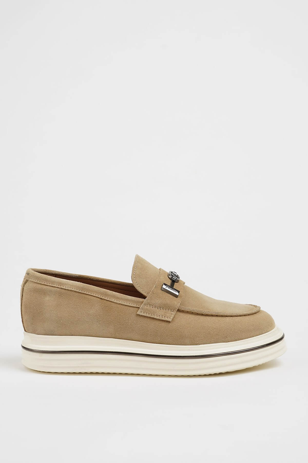 HolloShoe Beige Nubuck Leather Slip-On Loafer with Horsebit Detailing – side view on white background, showcasing soft nubuck leather, a comfortable slip-on design, and a modern white platform sole.