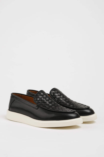 HolloShoe Black Leather Casual Shoes with Knitted Detail – pair on a white background, showcasing a unique knitted leather upper and a contemporary white sole.