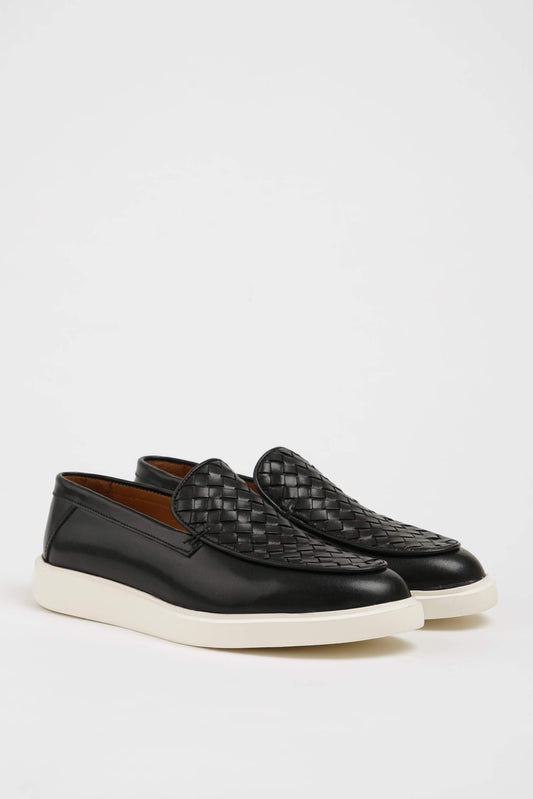 HolloShoe Black Leather Casual Shoes with Knitted Detail – pair on a white background, showcasing a unique knitted leather upper and a contemporary white sole.