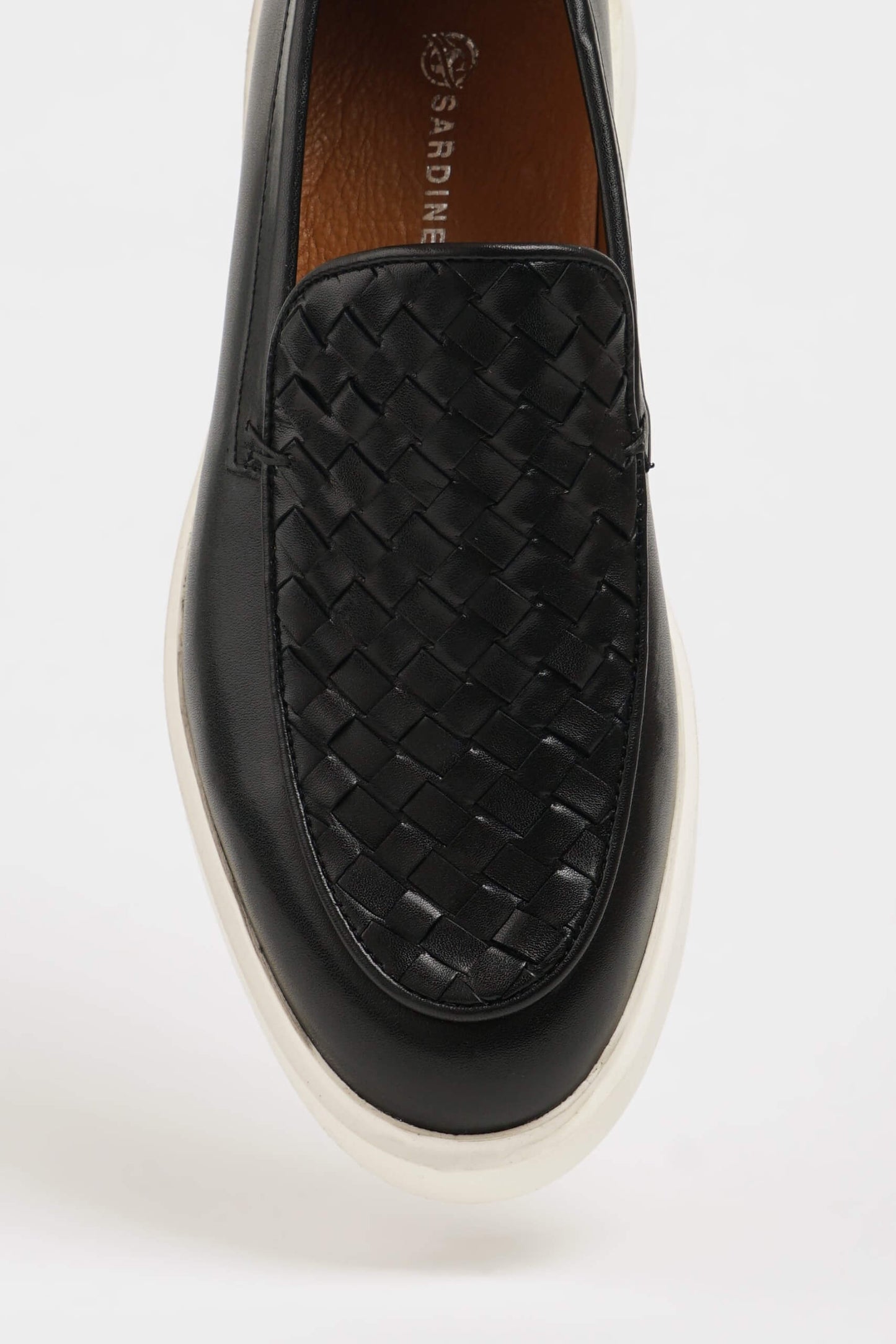 HolloShoe Black Leather Casual Shoes with Knitted Detail – close-up top-down view, highlighting the unique knitted texture and sleek black leather.