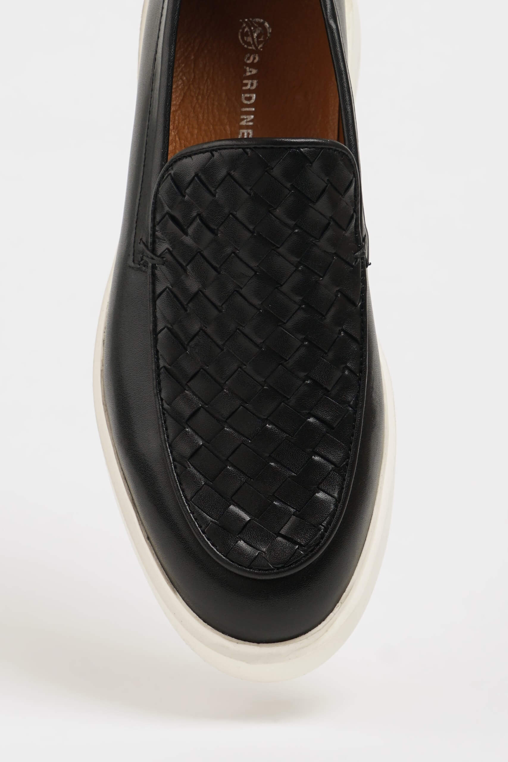 HolloShoe Black Leather Casual Shoes with Knitted Detail – close-up top-down view, highlighting the unique knitted texture and sleek black leather.