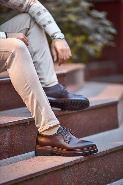 The HolloShoe Classic Brown Platform Derby Shoes | Polished Leather Lug Sole Hybrid