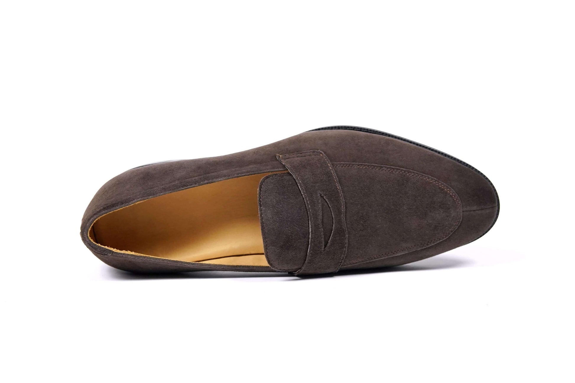 Earth Brown Suede Penny Loafer – top-down view, highlighting soft brown suede upper and classic penny strap detailing.