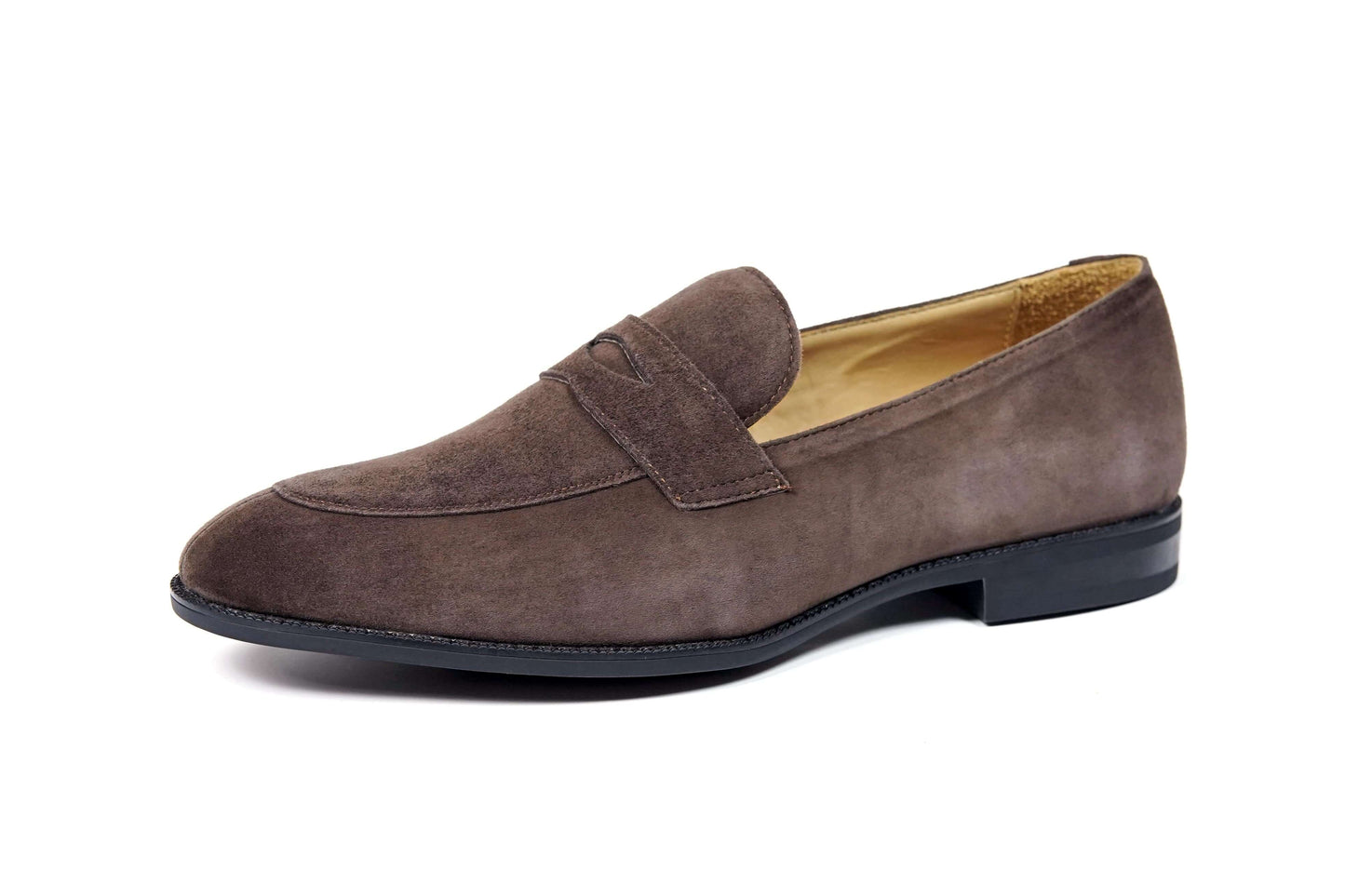 Earth Brown Suede Penny Loafer – side view on white background, highlighting soft brown suede upper and subtle heel for everyday comfort.