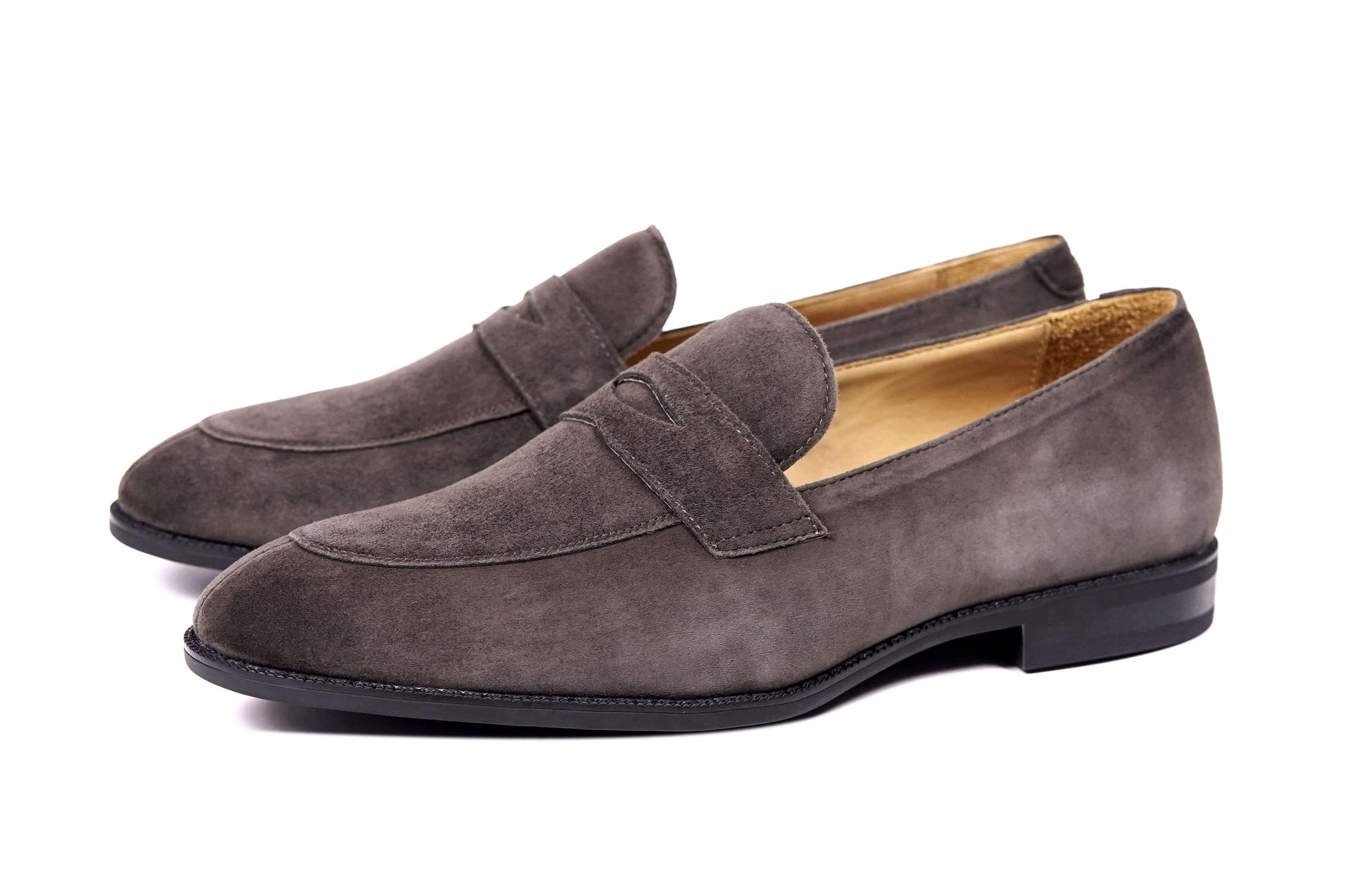 Earth Brown Suede Penny Loafers – pair on white background, showcasing soft brown suede and classic penny strap design.