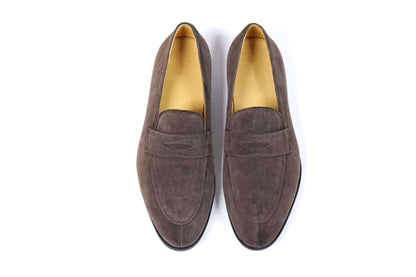 Earth Brown Suede Penny Loafers – top-down view of pair, emphasizing soft brown suede and sleek design for versatile styling.