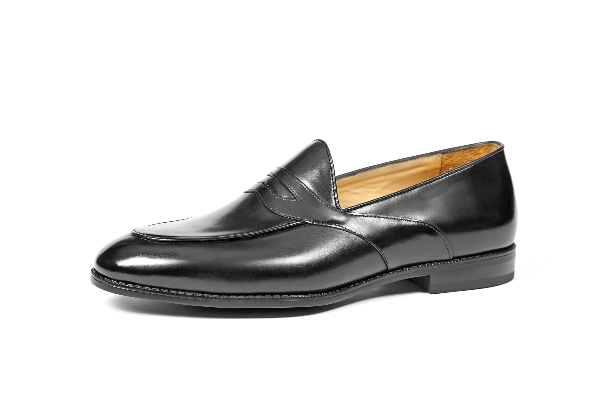 Handmade Black Leather Penny Loafers – side view on white background, showcasing sleek polished leather and minimalist design.