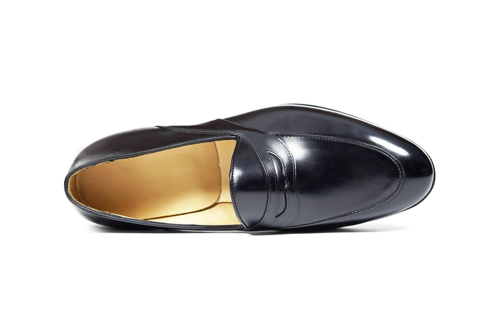 HolloShoe Handmade Black Leather Penny Loafers – top-down view, highlighting sleek polished black leather and classic penny slot detail.