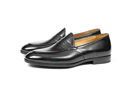 HolloShoe Handmade Black Leather Penny Loafers – pair on white background, highlighting sleek polished black leather and craftsmanship.