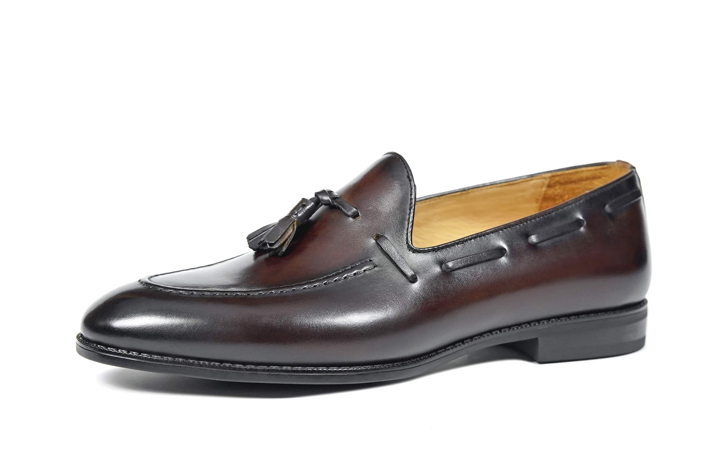 HolloShoe Handmade Chestnut Brown Patina Tassel Loafer – side view on white background, showcasing burnished dark brown leather and signature tassels.