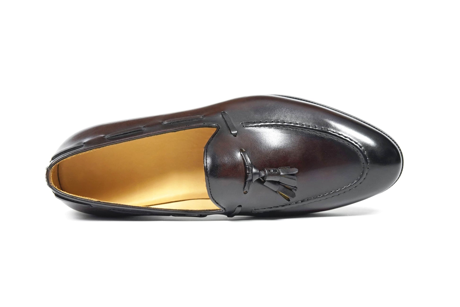 HolloShoe Handmade Chestnut Brown Patina Tassel Loafer – top-down view, highlighting burnished dark brown leather and classic tassel design.