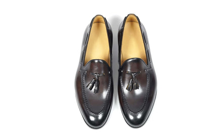 HolloShoe Handmade Chestnut Brown Patina Tassel Loafers – top-down view of pair, highlighting burnished dark brown leather and classic tassel detailing