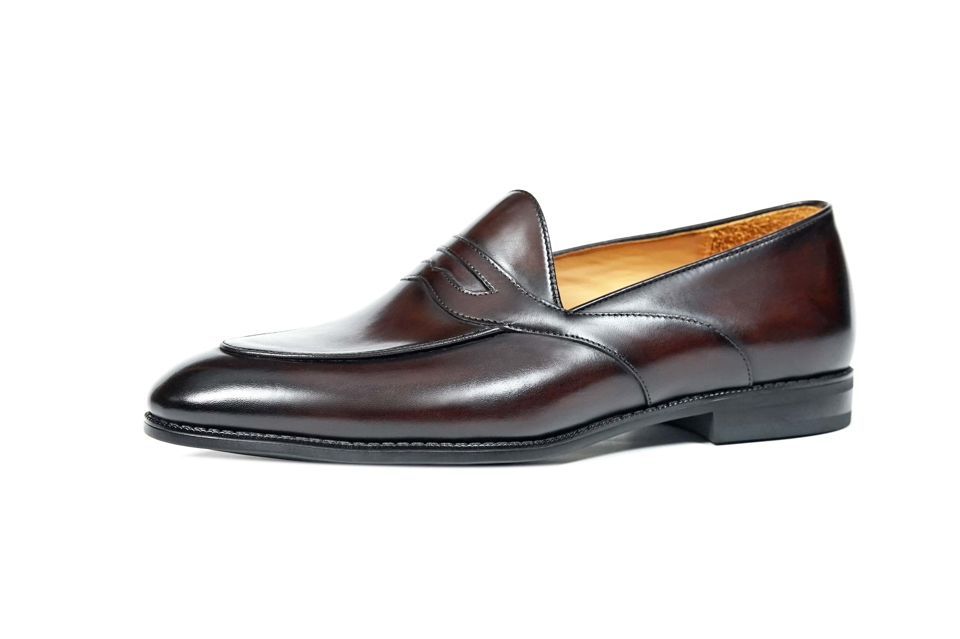 HolloShoe Handmade Dark Tan Leather Penny Loafer – side view on white background, highlighting rich dark tan leather and sleek profile for versatile wear.