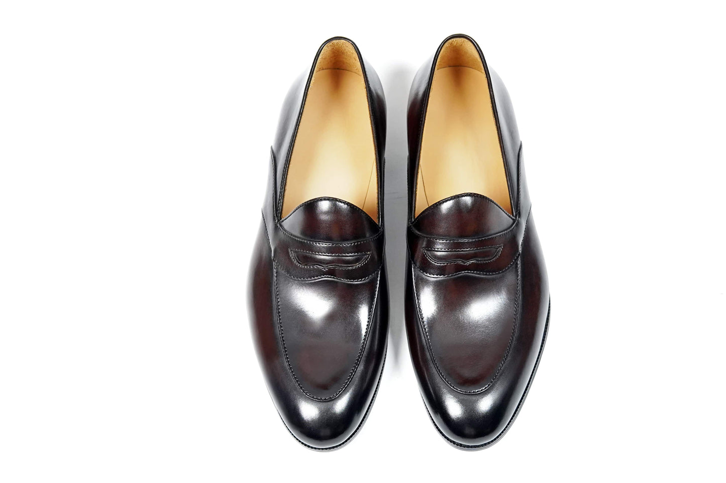 HolloShoe Handmade Dark Tan Leather Penny Loafers – top-down view of pair, emphasizing rich dark tan leather and sleek design for versatile styling.