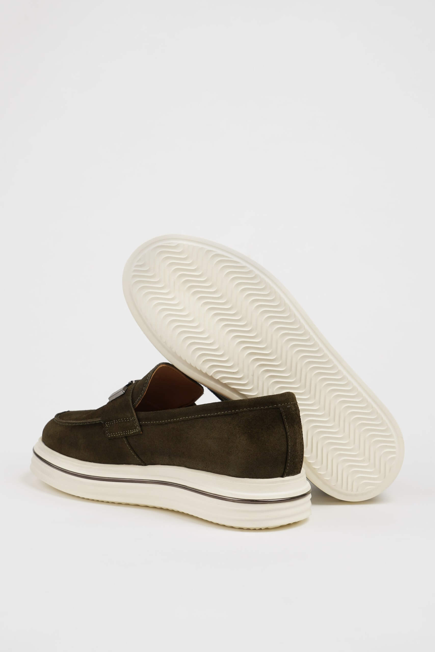HolloShoe Khaki Nubuck Leather Slip-On Loafers with Horsebit Detailing – pair on white background, one shoe upright and one showing the sole, emphasizing soft khaki nubuck leather.