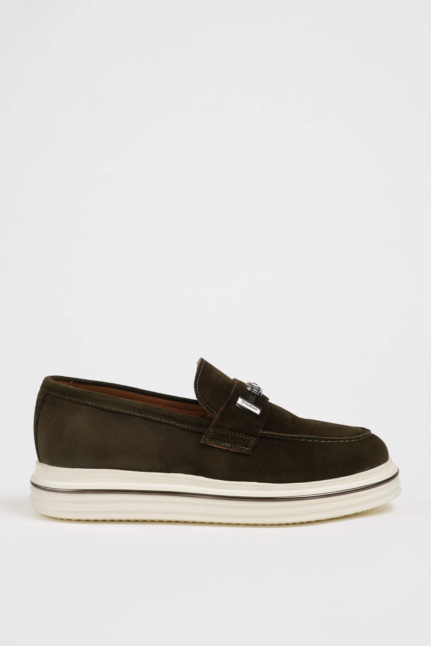HolloShoe Khaki Nubuck Leather Slip-On Loafer with Horsebit Detailing – side view, showcasing soft khaki nubuck leather, a comfortable slip-on design, and a modern white sole.