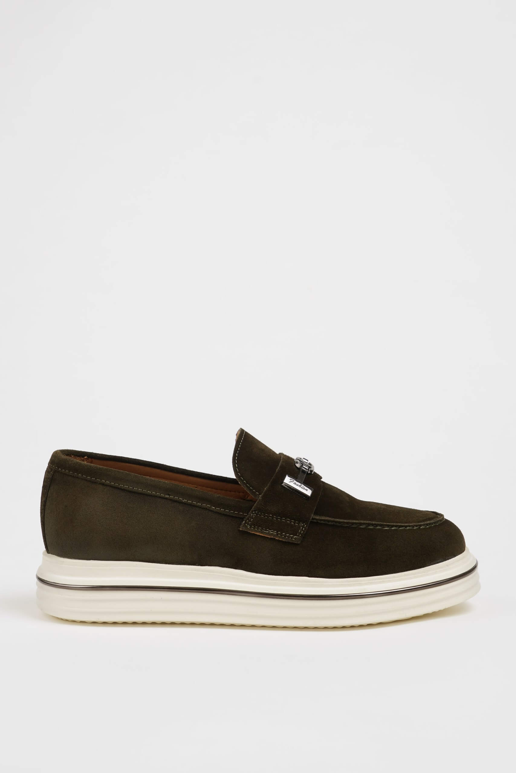 HolloShoe Khaki Nubuck Leather Slip-On Loafer with Horsebit Detailing – side view, showcasing soft khaki nubuck leather, a comfortable slip-on design, and a modern white sole.