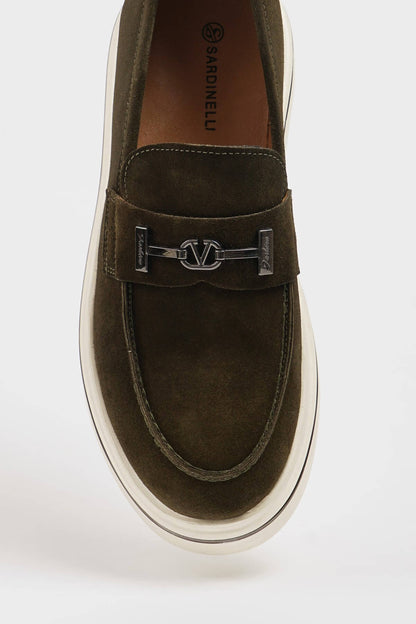 HolloShoe Khaki Nubuck Leather Slip-On Loafer with Horsebit Detailing – close-up top-down view, highlighting soft khaki nubuck leather and classic metal horsebit detail.