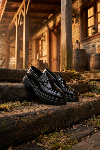HolloShoe Regent Black Leather Horsebit Loafer - Lug Sole