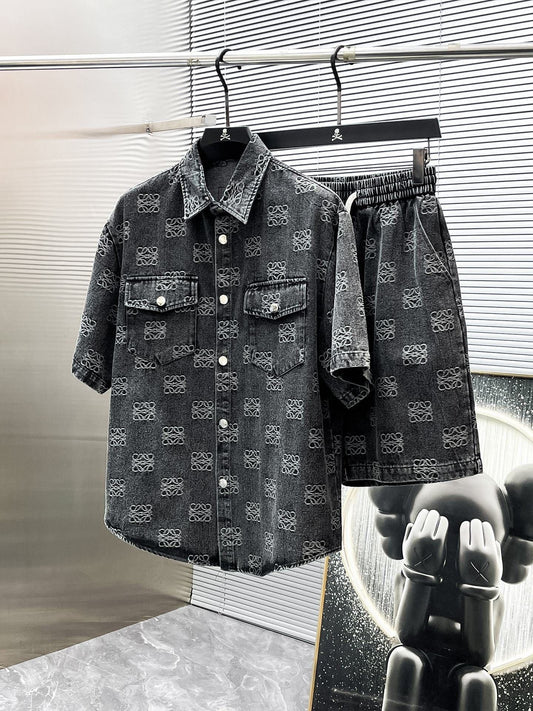 Loewe Allover Anagram Denim Set - Charcoal Black Short-Sleeved Shirt & Shorts Co-ord Set