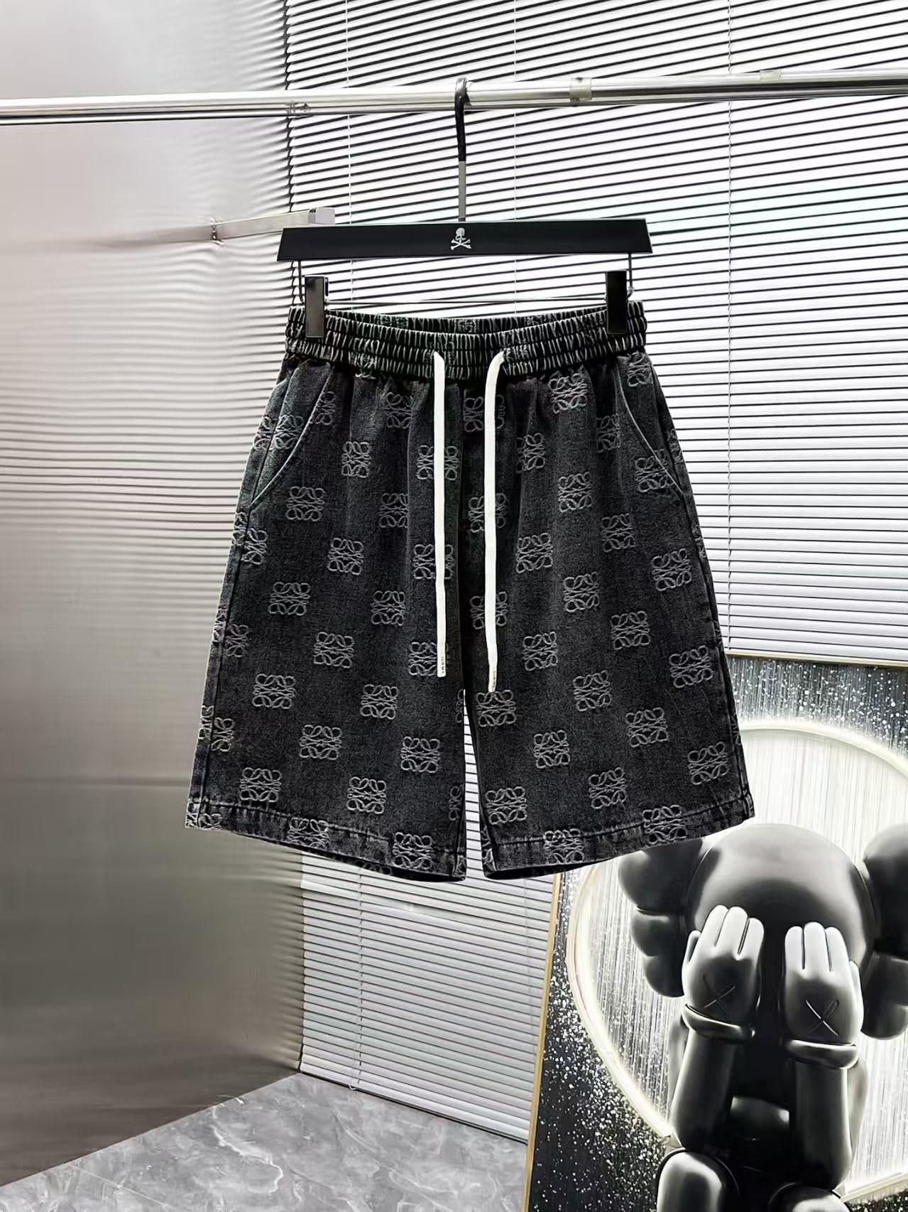 Loewe Allover Anagram Denim Set - Charcoal Black Short-Sleeved Shirt & Shorts Co-ord Set