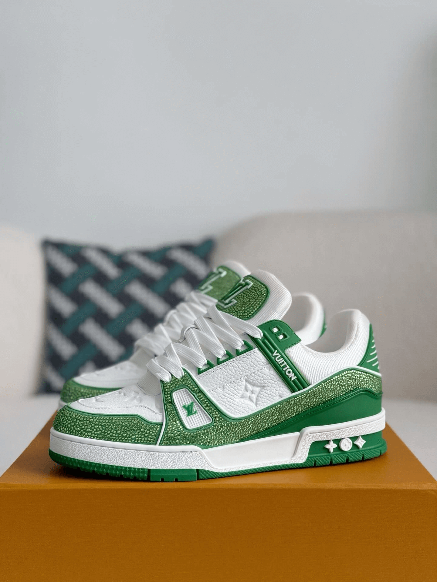 Loius Vuitton LV Swarovski Crystals & Monogram-Embossed Green Low Top Trainer Sneakers