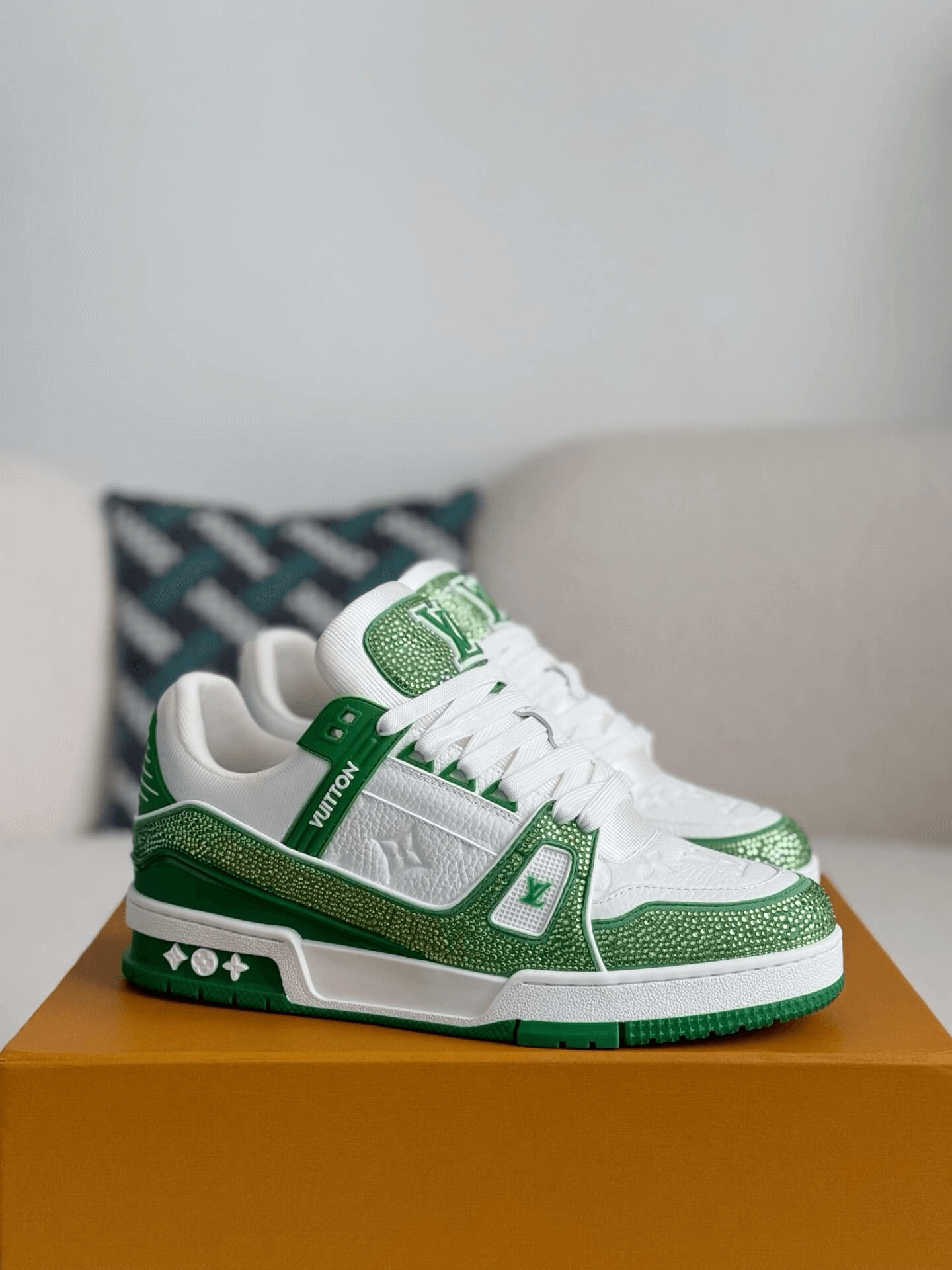 Loius Vuitton LV Swarovski Crystals & Monogram-Embossed Green Low Top Trainer Sneakers