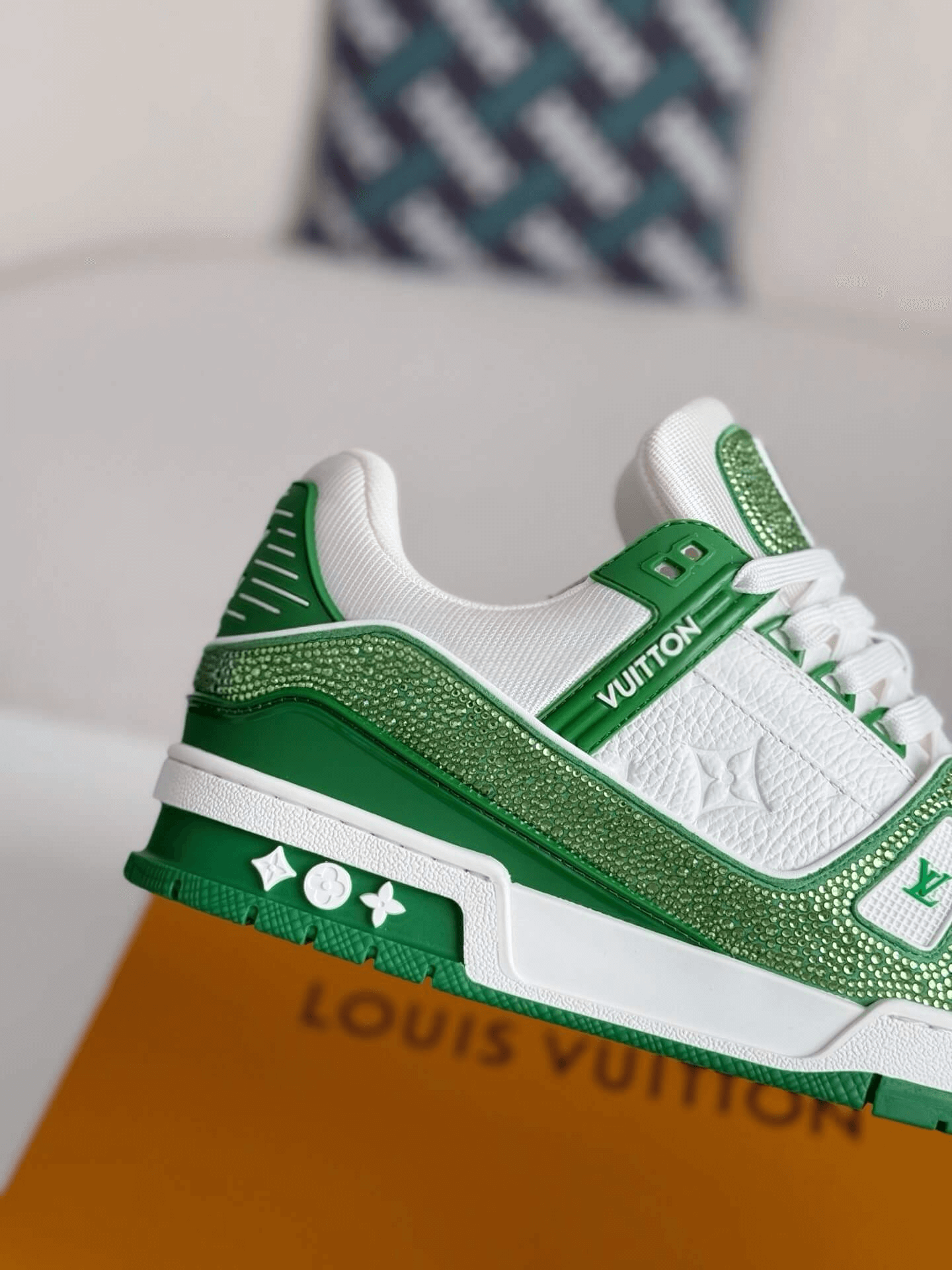 Loius Vuitton LV Swarovski Crystals & Monogram-Embossed Green Low Top Trainer Sneakers