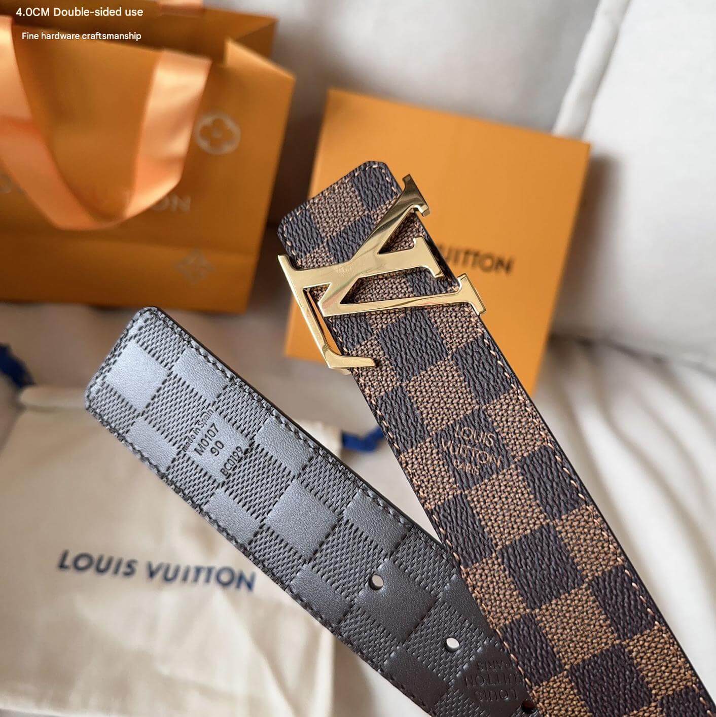Louis Vuitton LV Initiales 40mm Reversible Belt Damier Ebene Gold Hardware