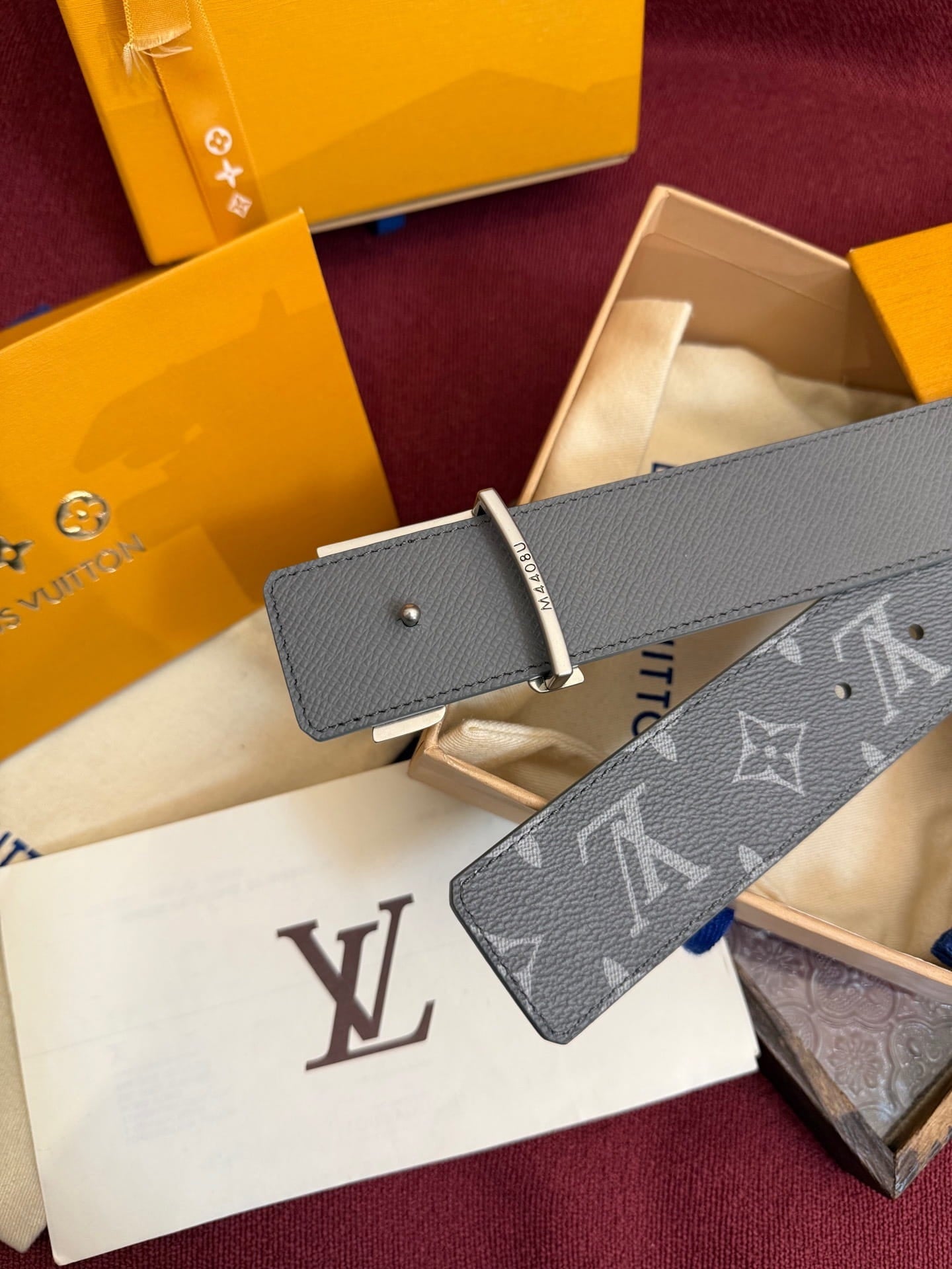 Louis Vuitton LV Anthracite Grey Monogram Taurillon 40mm Reversible Belt - Engraved Silver Buckle