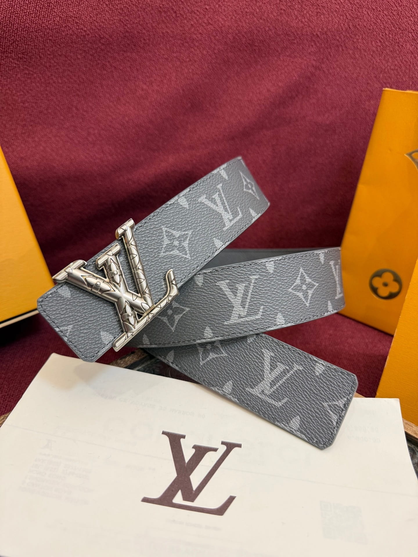 Louis Vuitton LV Anthracite Grey Monogram Taurillon 40mm Reversible Belt - Engraved Silver Buckle