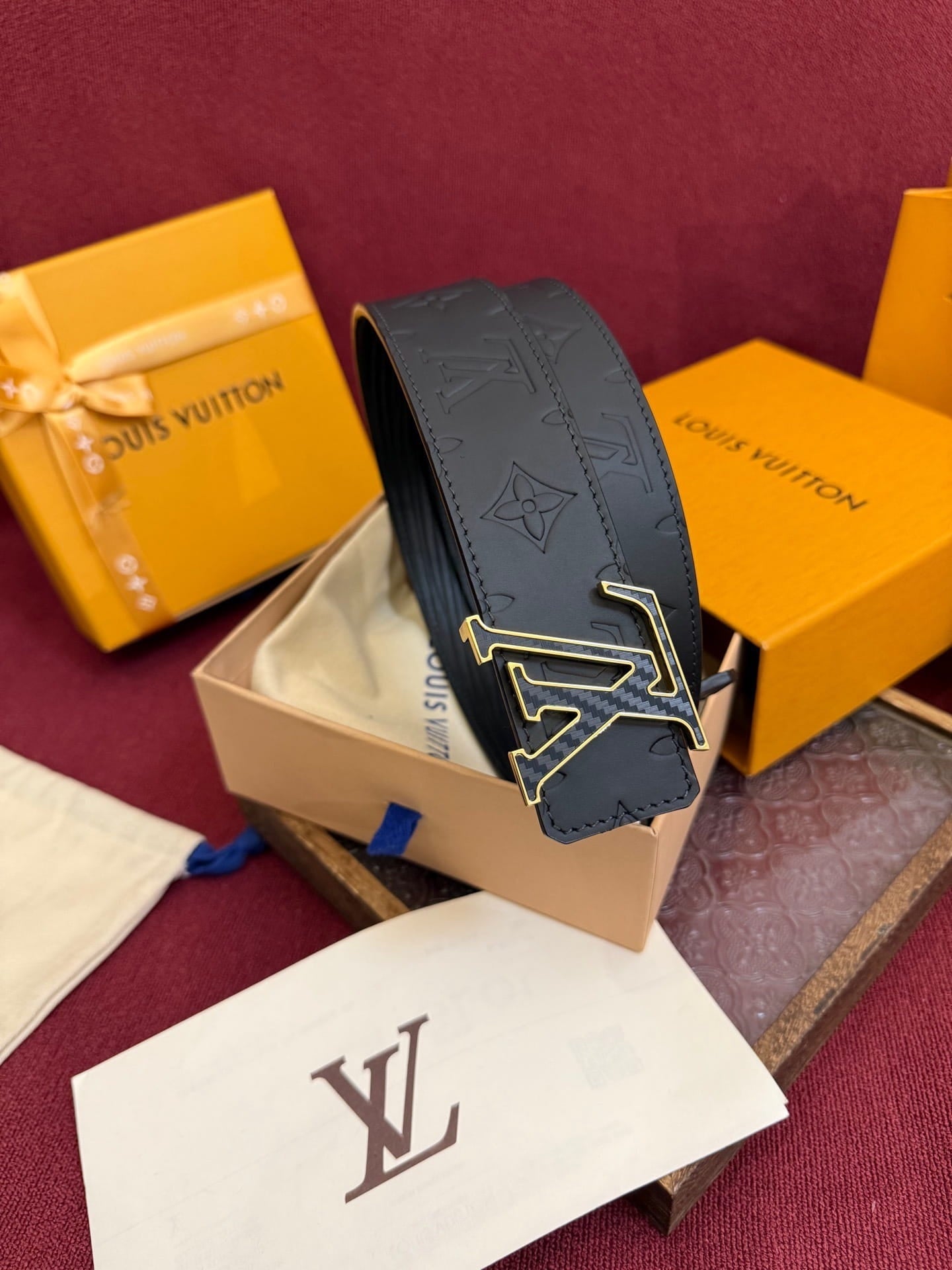 Louis Vuitton LV Black Monogram Taurillon 40mm Reversible Belt - Carbon Fiber & Gold Buckle