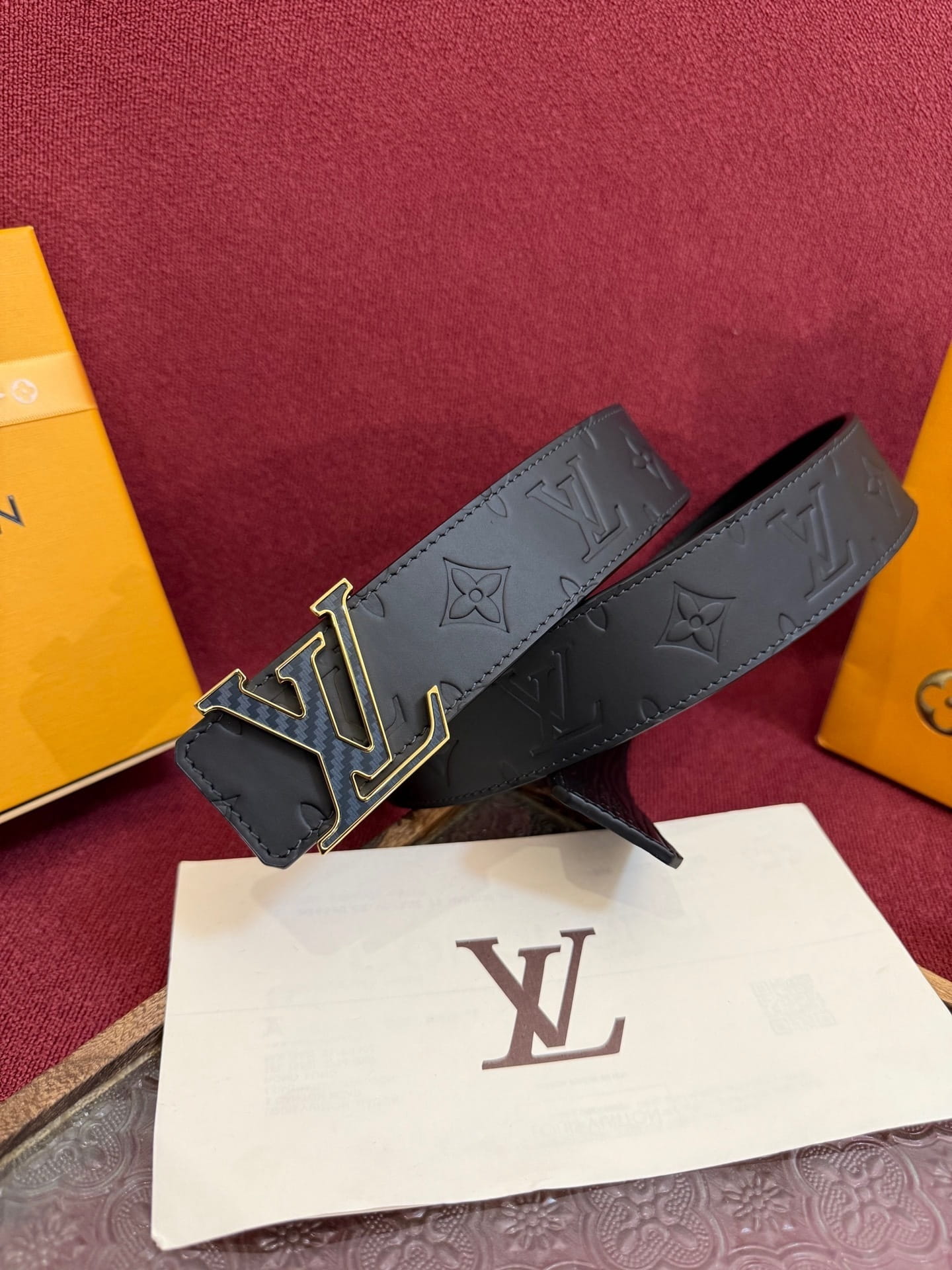 Louis Vuitton LV Black Monogram Taurillon 40mm Reversible Belt - Carbon Fiber & Gold Buckle