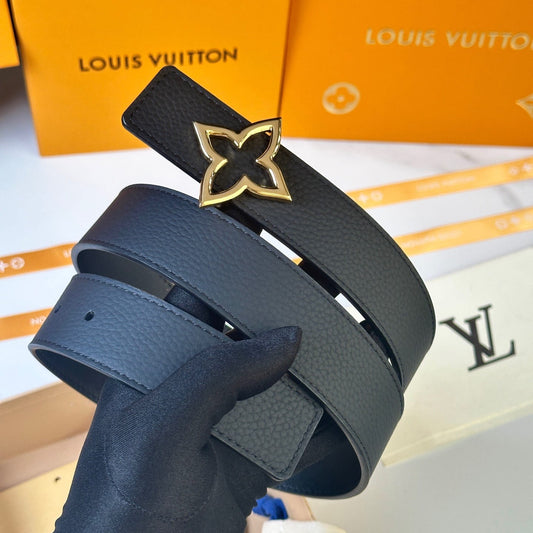Louis Vuitton LV Women's Bloom Black Taurillon 40mm Reversible Belt - Gold Flowergram Buckle