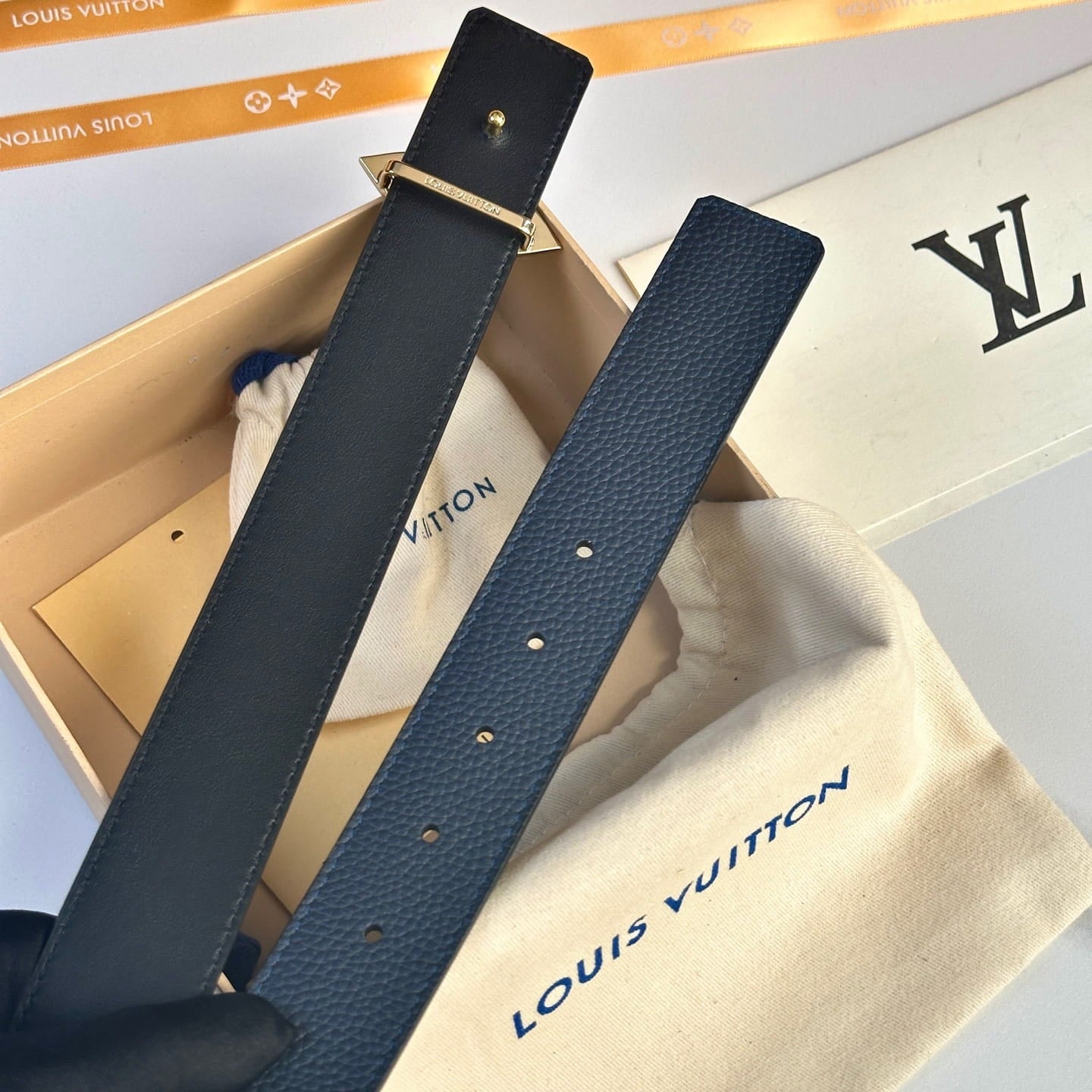 Louis Vuitton LV Women's Bloom Marine Blue Taurillon 40mm Reversible Belt - Gold Flowergram Buckle