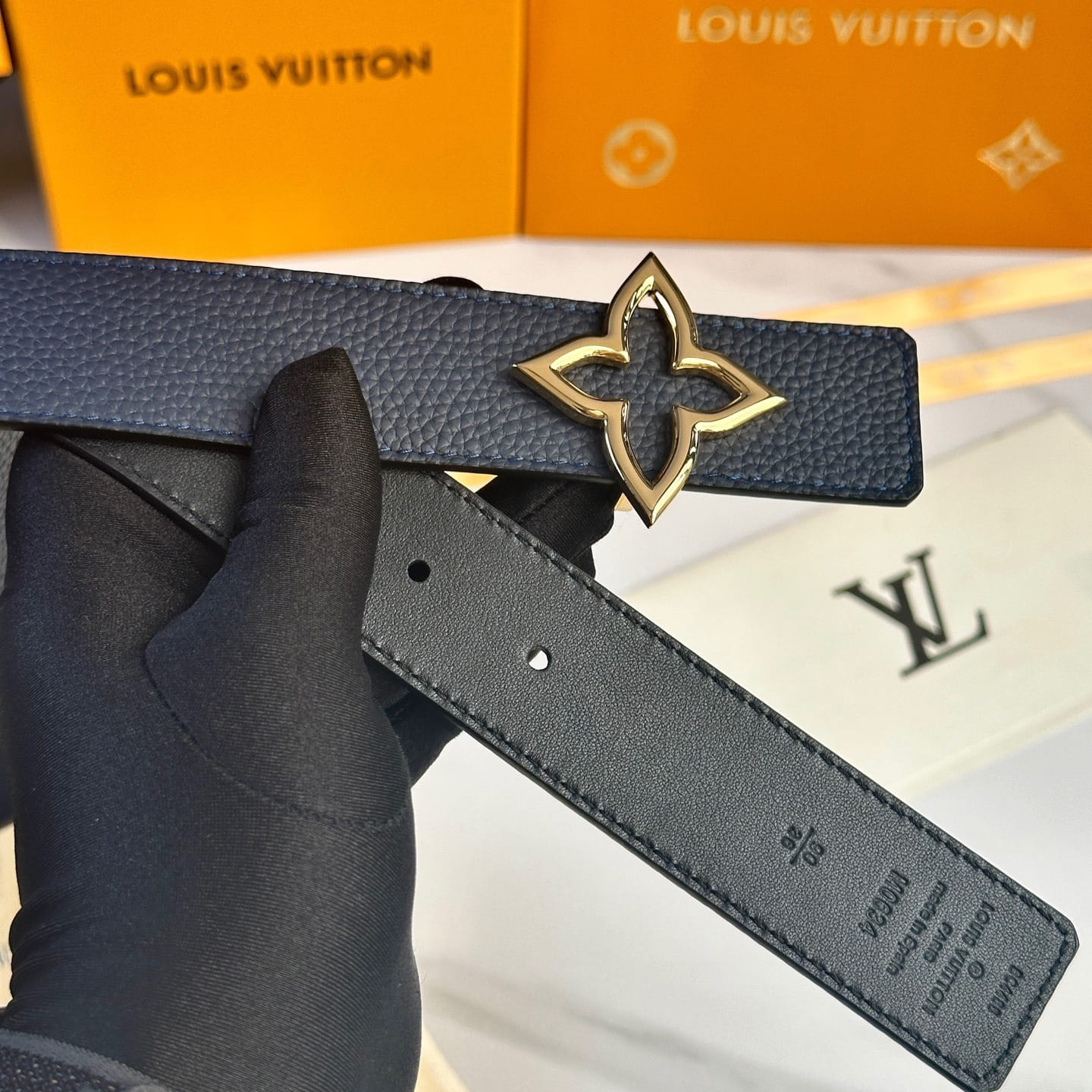 Louis Vuitton LV Women's Bloom Marine Blue Taurillon 40mm Reversible Belt - Gold Flowergram Buckle