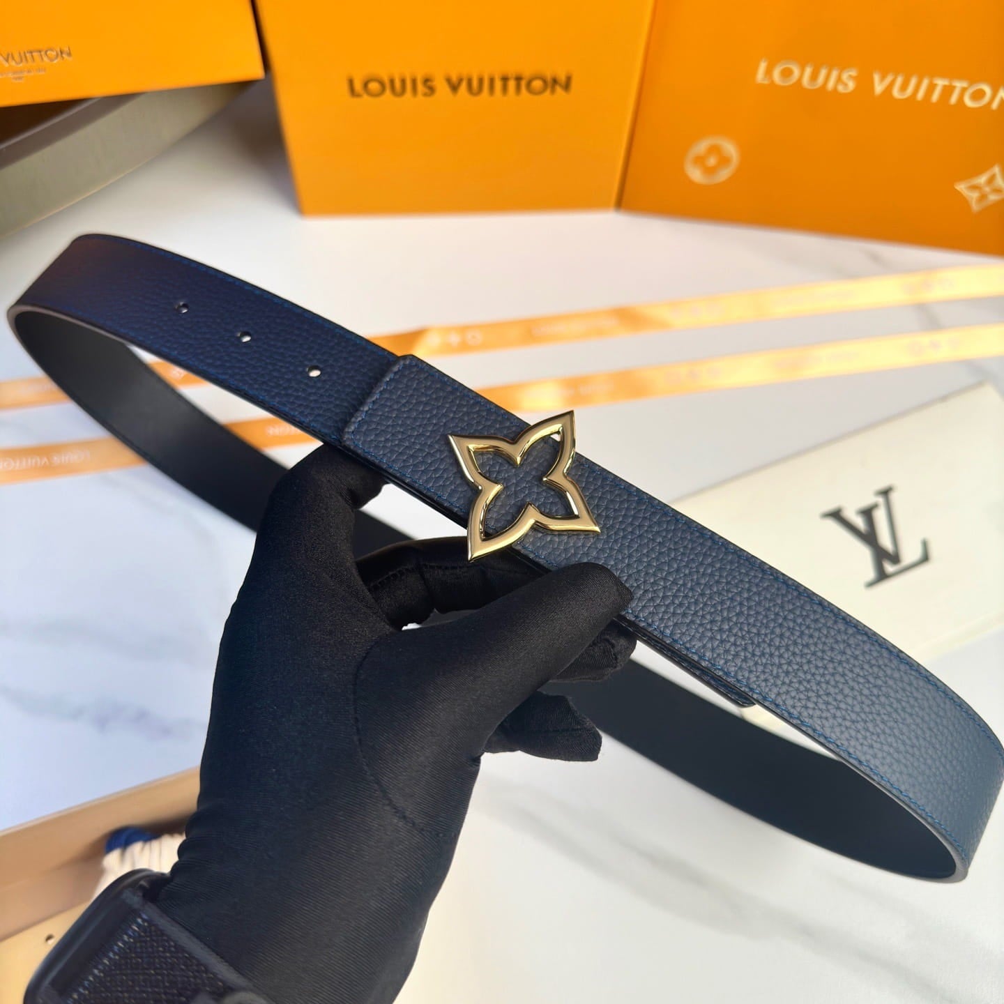 Louis Vuitton LV Women's Bloom Marine Blue Taurillon 40mm Reversible Belt - Gold Flowergram Buckle