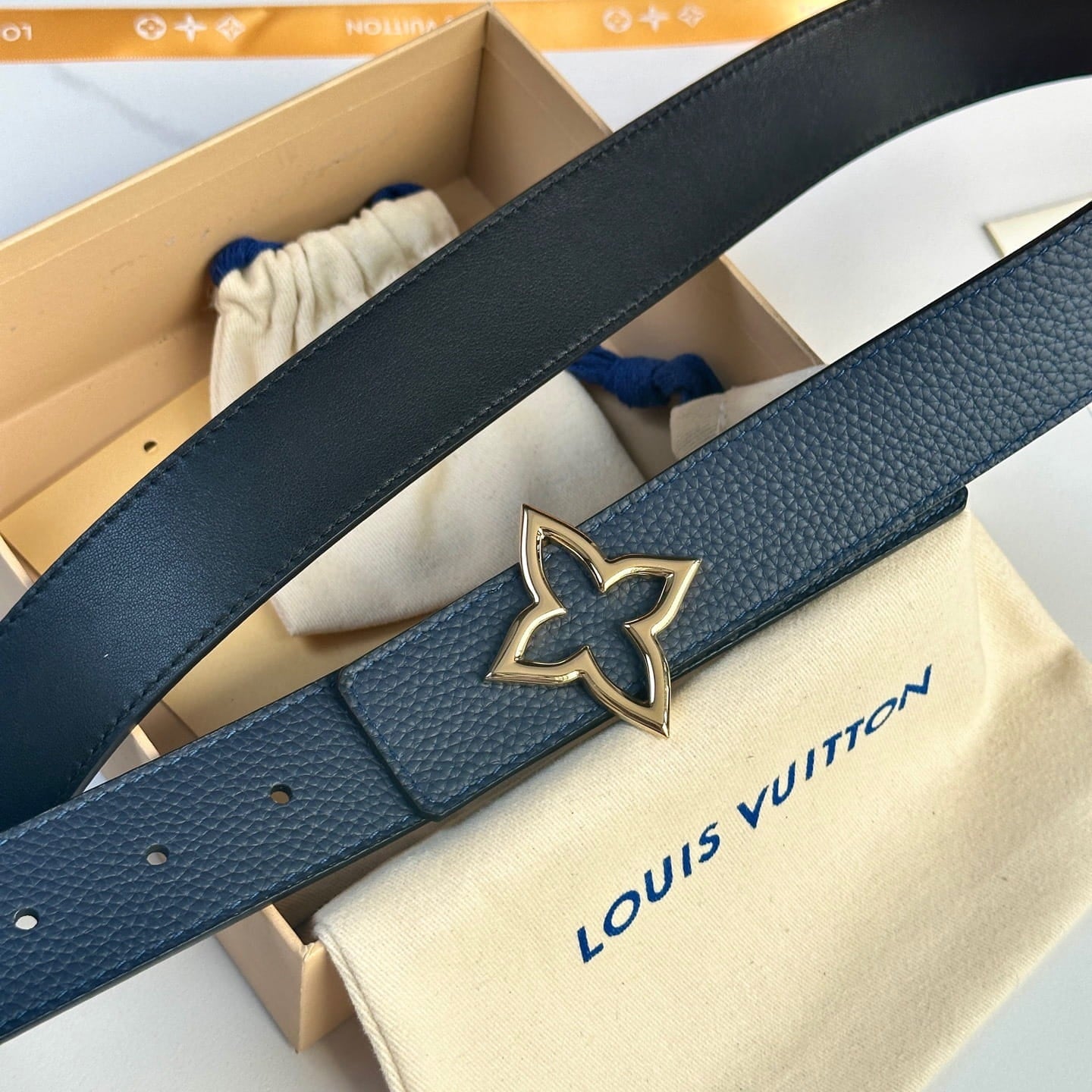 Louis Vuitton LV Women's Bloom Marine Blue Taurillon 40mm Reversible Belt - Gold Flowergram Buckle