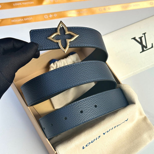 Louis Vuitton LV Women's Bloom Marine Blue Taurillon 40mm Reversible Belt - Gold Flowergram Buckle
