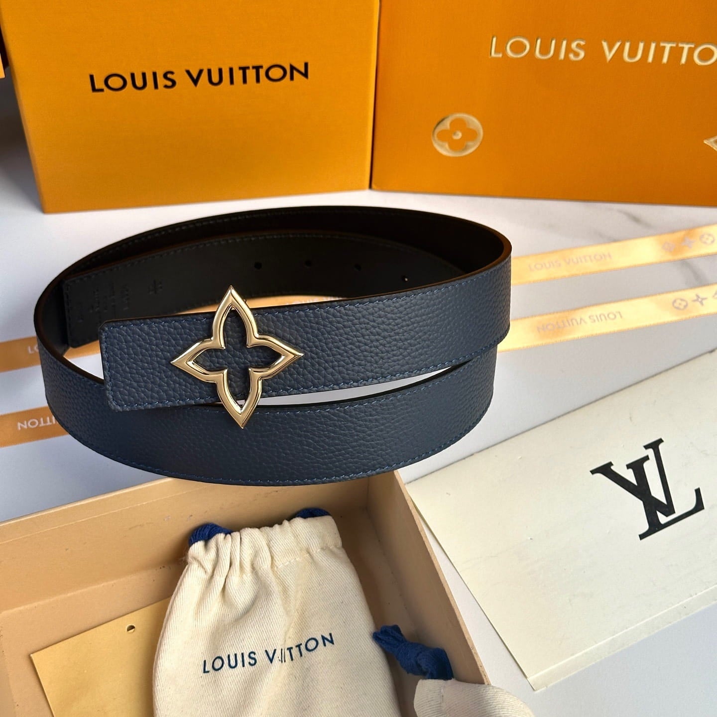 Louis Vuitton LV Women's Bloom Marine Blue Taurillon 40mm Reversible Belt - Gold Flowergram Buckle