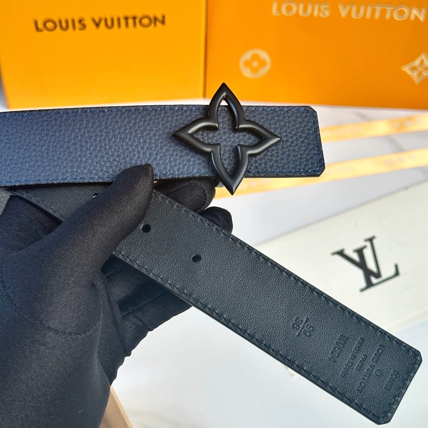 Louis Vuitton LV Women's Bloom Marine Blue Taurillon 40mm Reversible Belt - Matte Black Flowergram Buckle